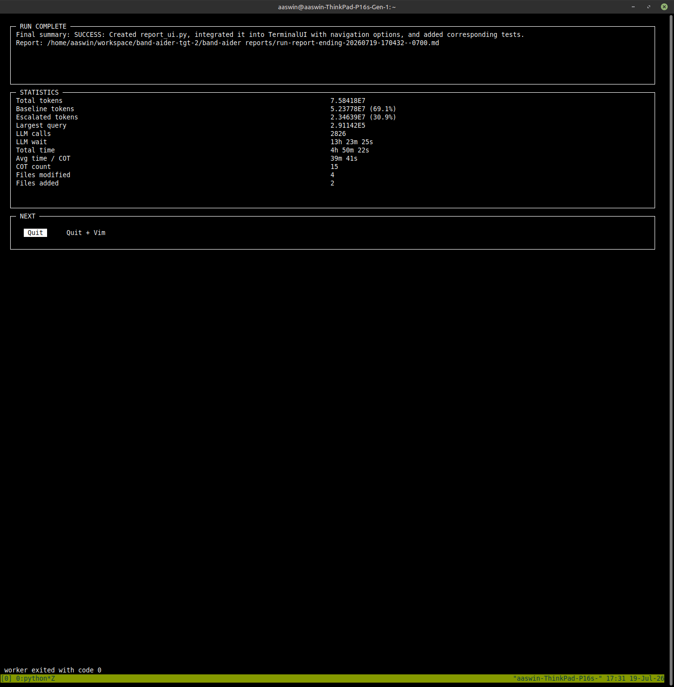 Band-Aider run-completion report with summaries, tests, usage, and execution statistics